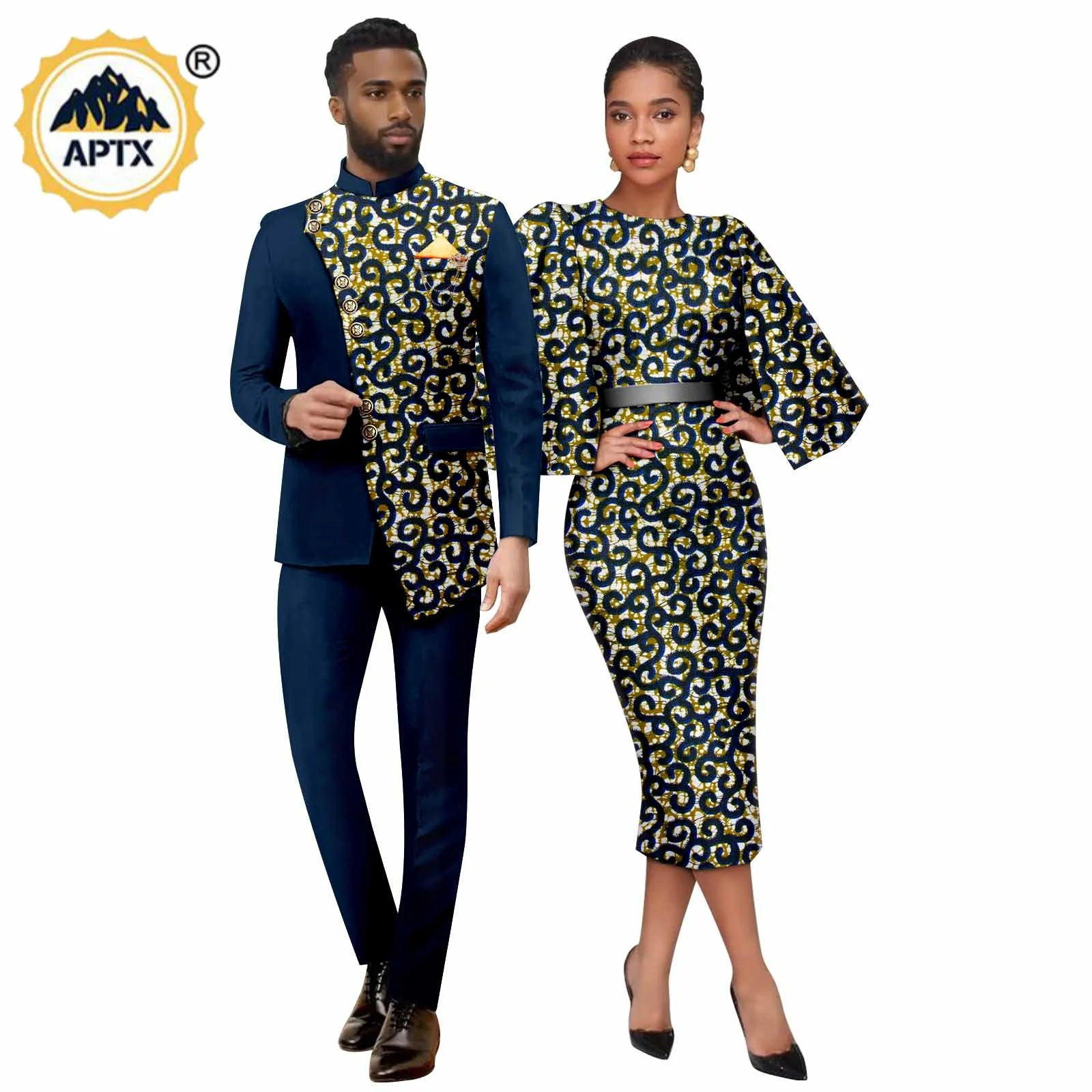 

African Print Batwing Sleeve Slim Dresses for Women Matching Couple Outfits Dashiki Formal Men Top Jacket and Pant Sets Y26C00