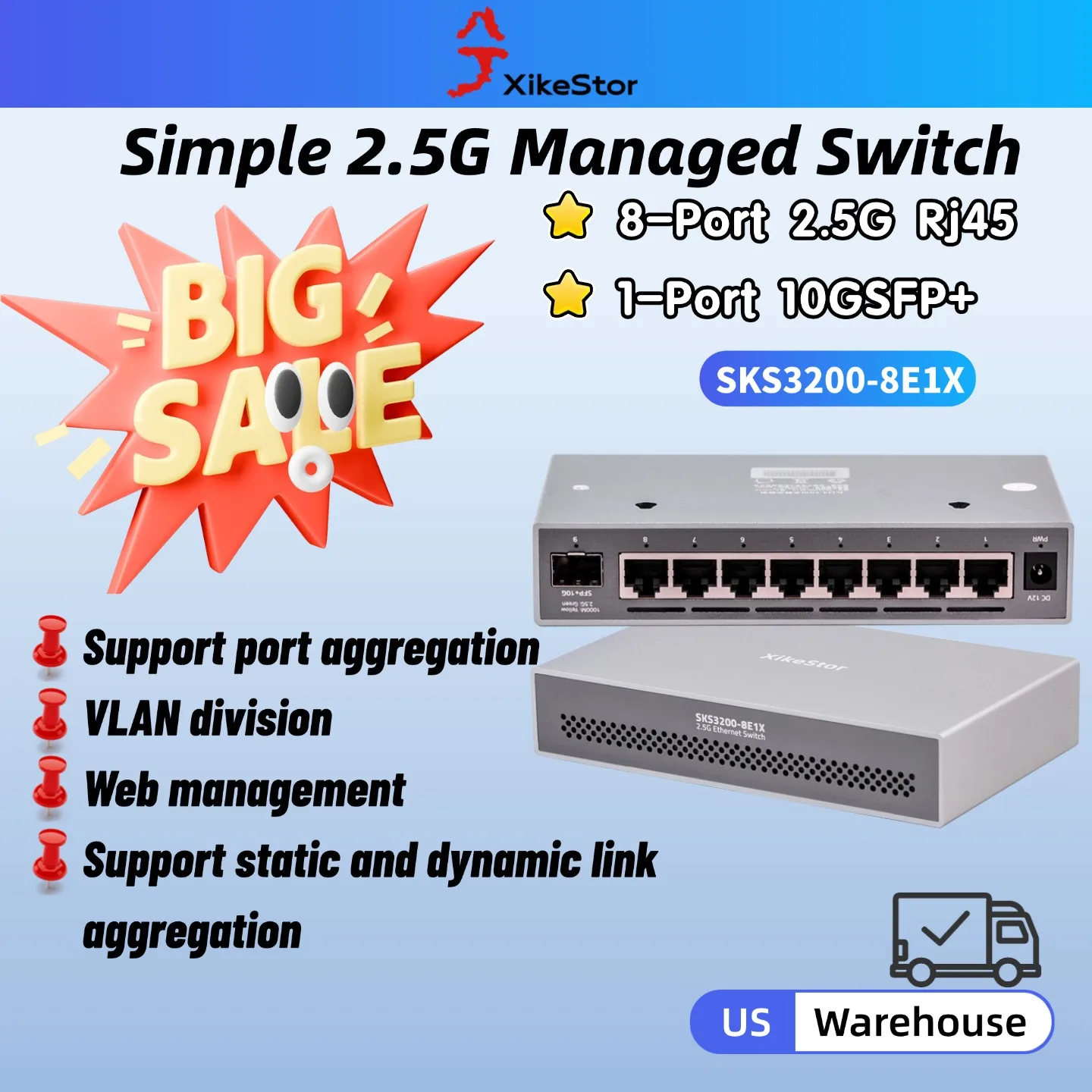 

2.5G Switch 9 Port, Easy Managed Ethernet Switch with Port Aggregation & VLAN, 8 x 2.5G RJ45 + 1 x 10G SFP+ | SKS3200-8E1X