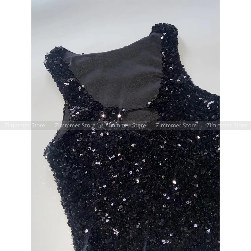 Black sequined camisole vest for women heavy hollow hot girl autumn and winter short bottom sleeveless top