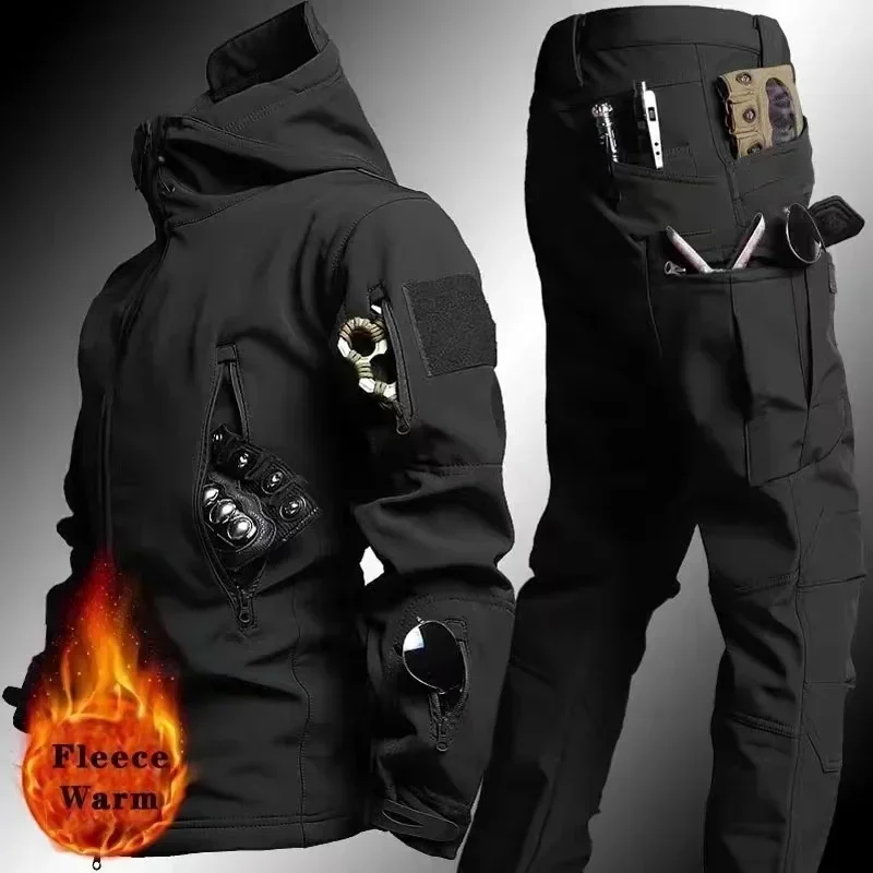 

Tactical Winter Set Men's Outdoor Windproof Waterproof Suit Multi-Pocket Soft Shell Hooded Jackets Sharkskin Work Pants
