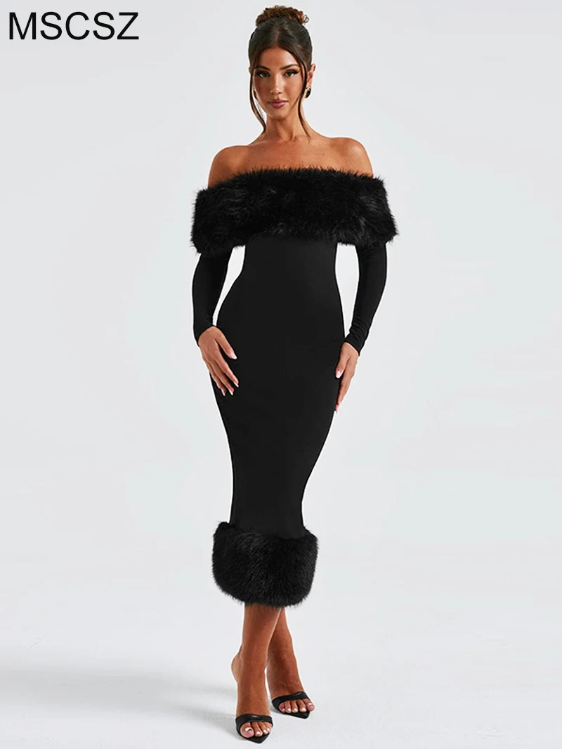 MSCSZ Elegant Womens Winter Dresses With Feather Elegant Off Shoulder Long Evening Dress Black Long Sleeve Backless Maxi Dress