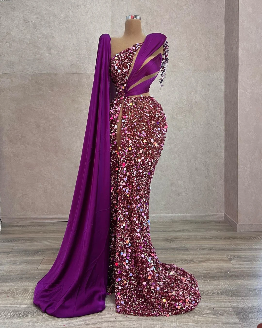 Stylish Purple Evening Dresses Sequins Beading Tassels Prom Gowns Custom Made One Shoulder Side Split Party Dresses