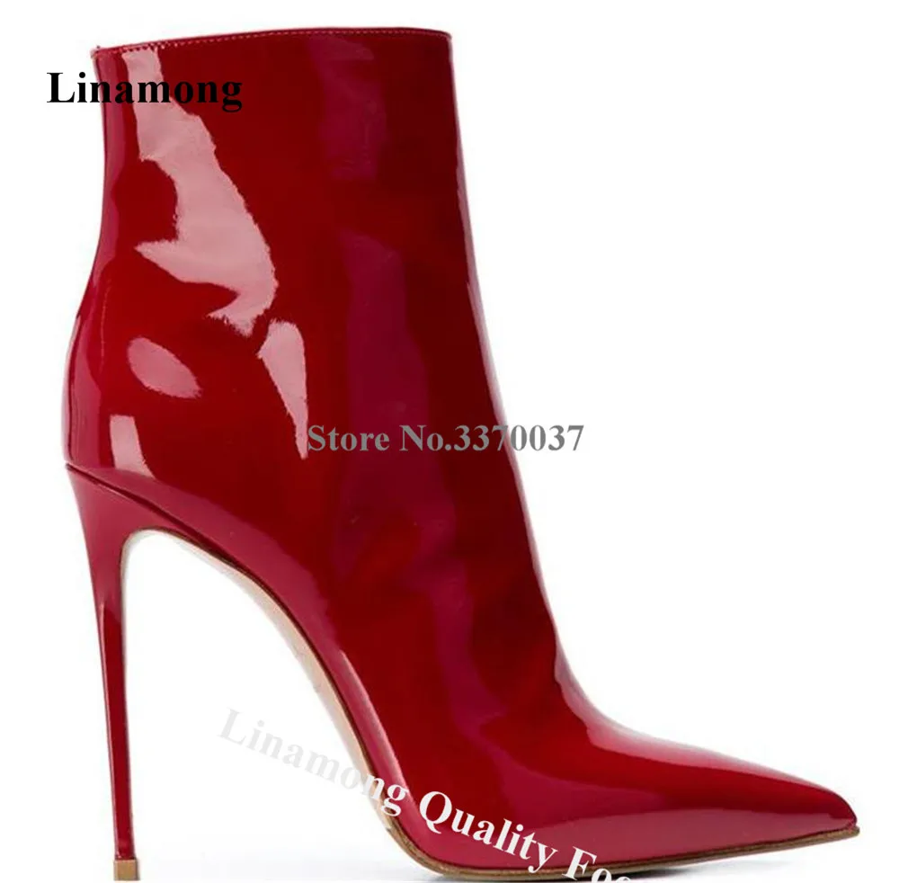 

Linamong Shining Patent Leather Stiletto Heel Short Boots Pointed Toe Red Pink Yellow Zipper-up Thin Heel Ankle Booties Big Size