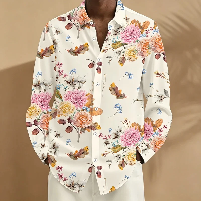European and American style gentle men's watercolor peony cotton print long-sleeved shirt loose lapel casual shirt