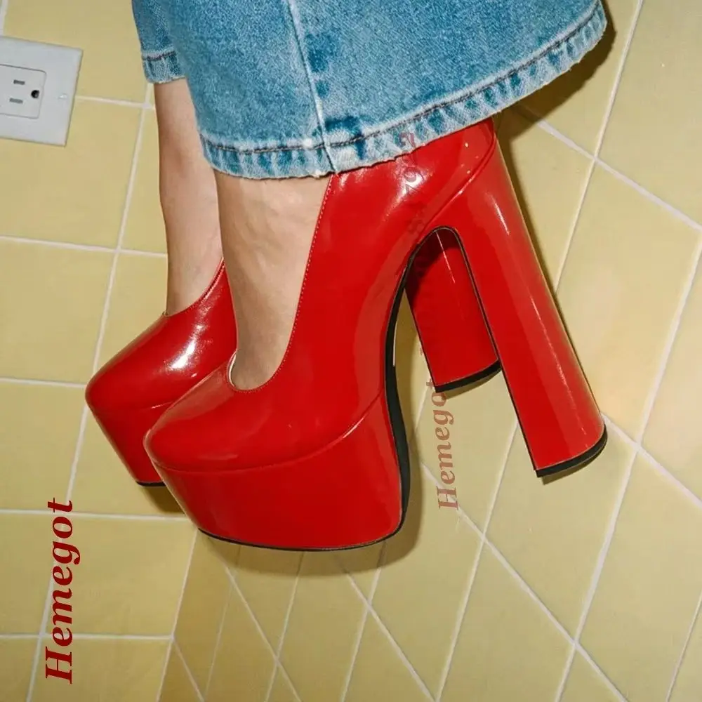 Chunky Block High Heel Slip-On Backless Pumps White Patent Round Toe Platform Pumps for Women Shallow Slip On Elegant Shoes
