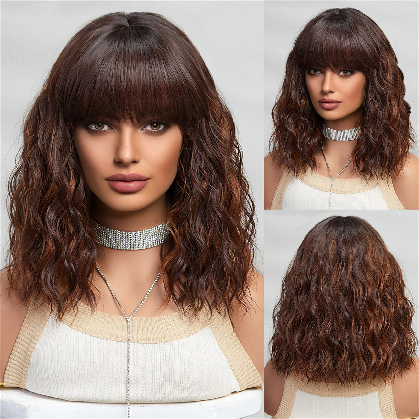 

ESIN Synthetic Mixed Brown Color Wavy Bob Wigs Medium Long Loose Body Wave Wig with Bangs Cosplay Daily Natural Wigs for Women