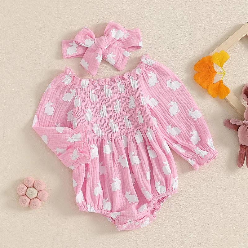 Adorable Baby Girls Floral Print Ruffle Sleeve Romper with Matching Bow Headband Set for Spring Toddler Outfits