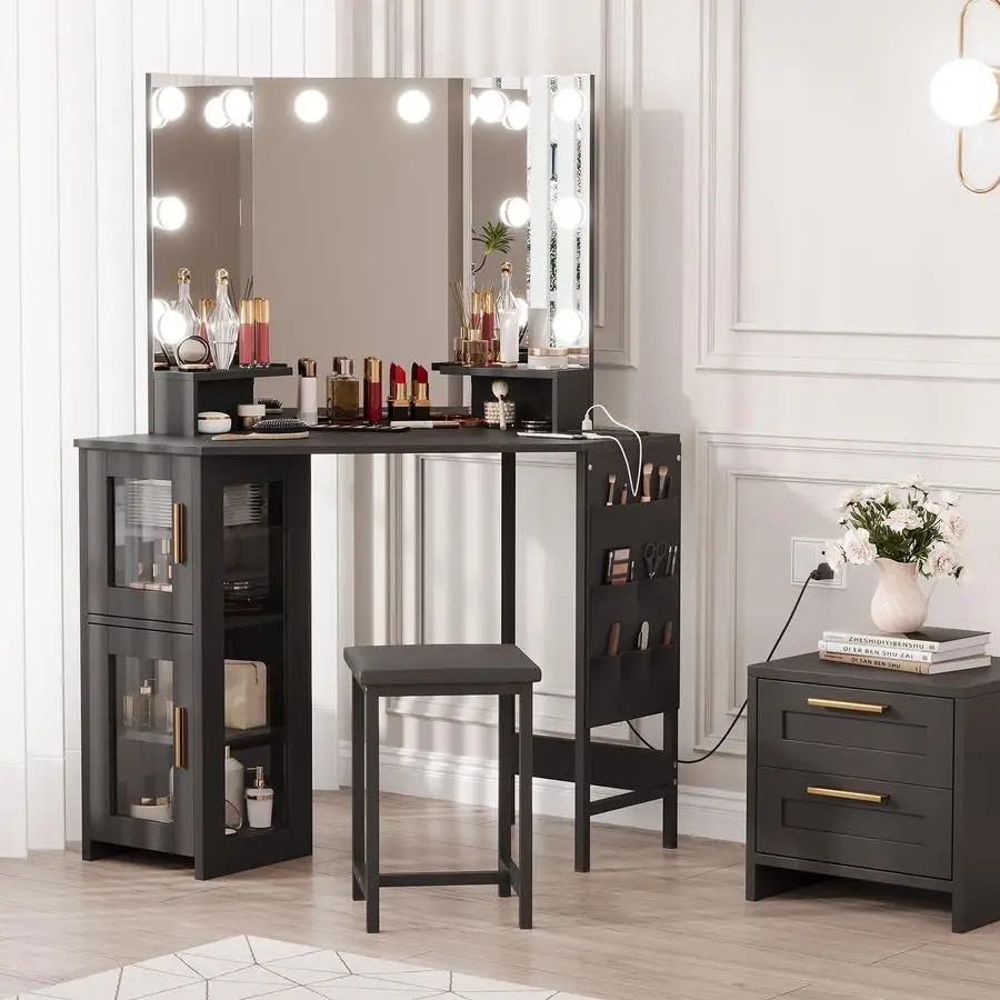 Corner Vanity Desk and Stool, Corner Makeup Vanity with Light Bulbs Mirror Charging Station and Cabinet for Bedroom, Black