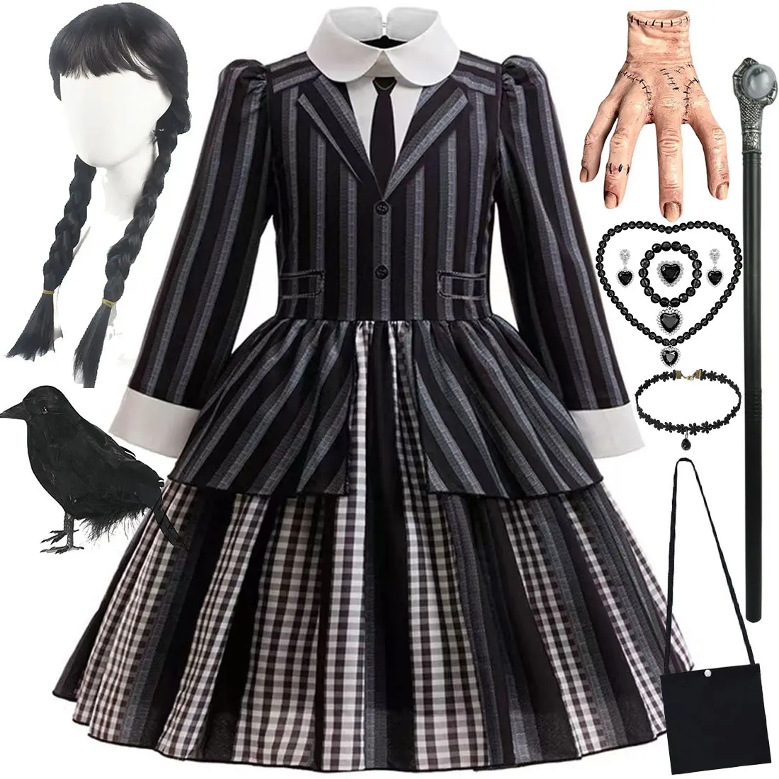 

2025 Halloween Easter Festival Party Girl Cosplay New TV Wen.2 Black Long Sleeve Princess Striped Dress + Crow Accessories Set
