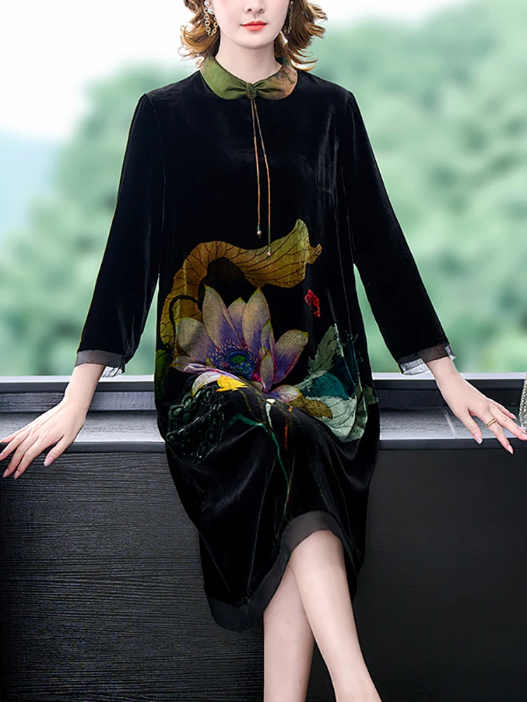 2024 Black Floral Velvet Polo Collar Midi Dress Autumn Winter Thick Warm Loose Prom Dress Women Korean Vintage Hepburn Vestidos