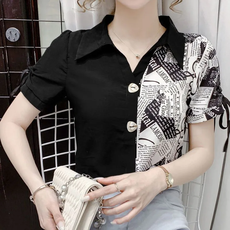 Patchwork Contrast Blouse Summer New Short Sleeve Asymmetrical Printing Slim Elegant Shirt Tops Fashion Casual Women Clothing