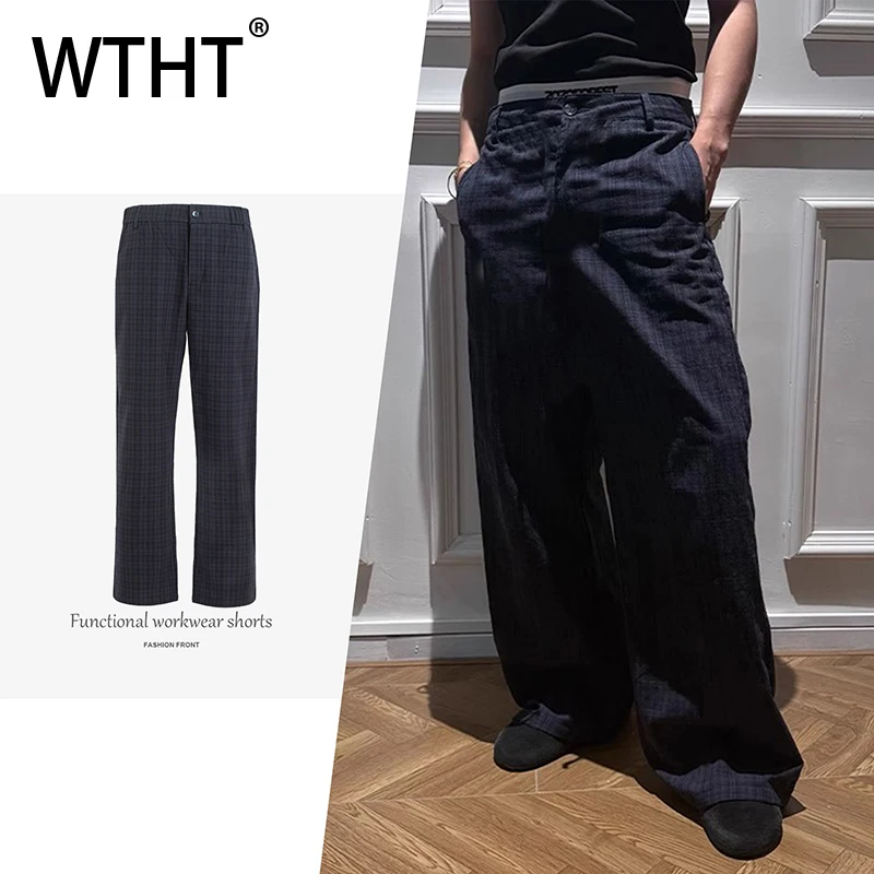 

WTHT Trendy 2025 Autumn Men's Plaid Loose Straight Blazer Pants Fashion American Style High-waisted Wide Leg Trouser Male 2A2386