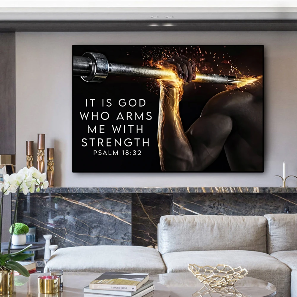 It Is God Who Arms Me With Strength Fitness Gym Lovers Print Art Canvas Poster For Living Room Decor Home Wall Picture