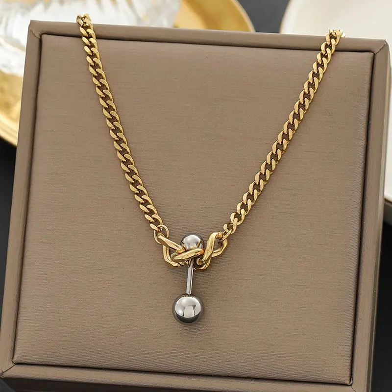 24 new gold niche design sense ins color contrast small dumbbell pendant chain necklace Female titanium steel European and Ameri