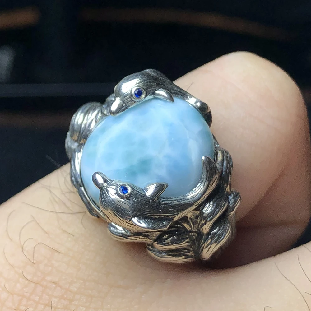 Natural high quality Larimar sea stone waves lovely dolphin ring ring ring ring Dominican gem