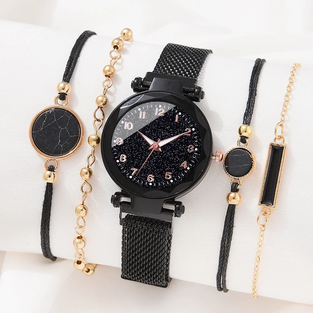 Ladies Starry Sky Round Dial Quartz Wristwatches 5pcs Set Women Fashion Casual Mesh Belt Watches Simple Dress Clock Girls Gift