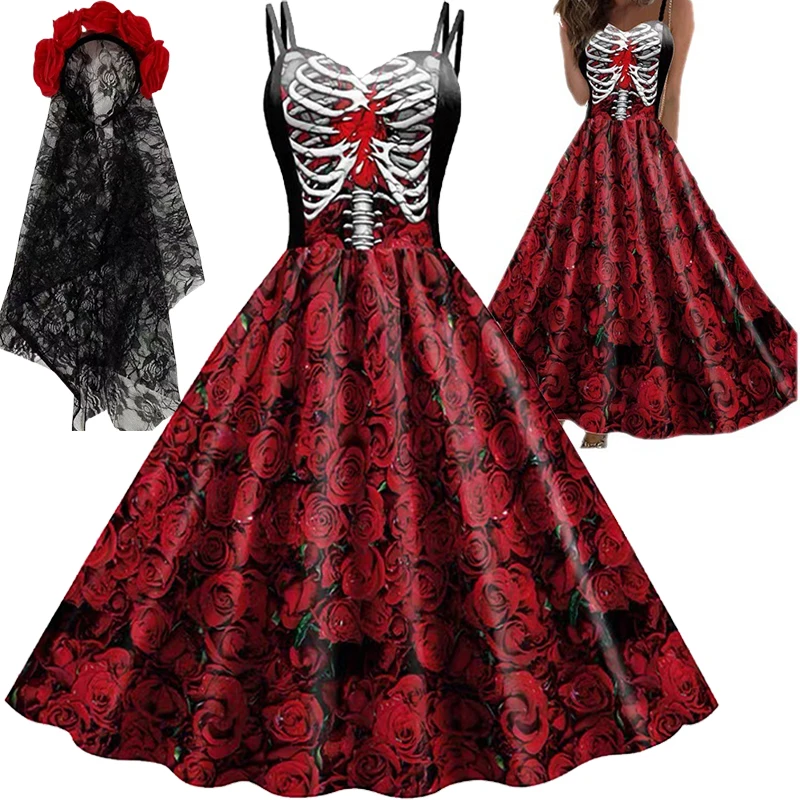 

Halloween New Costumes for Women Skull Print Halter Dress Sleeveless Tunic Vintage Party Dresses Goth Clothes Masquerade Vestido