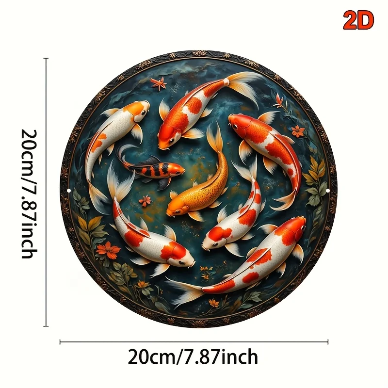 2D Flat - 2D Plane 8.0*8.0 inch Round Aluminum Sign, Retro Decorative Sign Colorful Koi Leaping Over Dragon Gate Pattern, Suitab