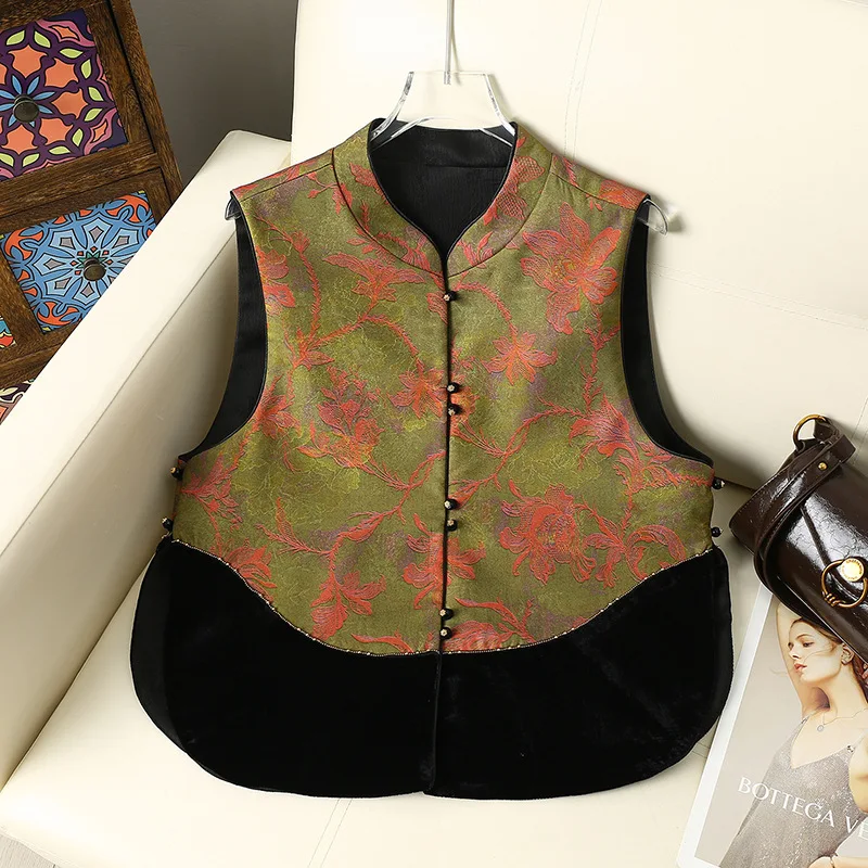 Women Floral Print Sleeveless Vest Mandarin Collar Patchwork Velvet New Chinese Style Ethnic Outerwear Waistcoat Cheongsam Gilet