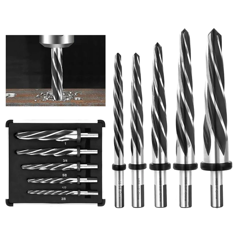 

AT35 HSS Bridge Construction Reamer Set,3/8In 1/2In 5/8In 3/4In 1In Taper Bridge Reamer Drill Bit For Steel Metal Wood