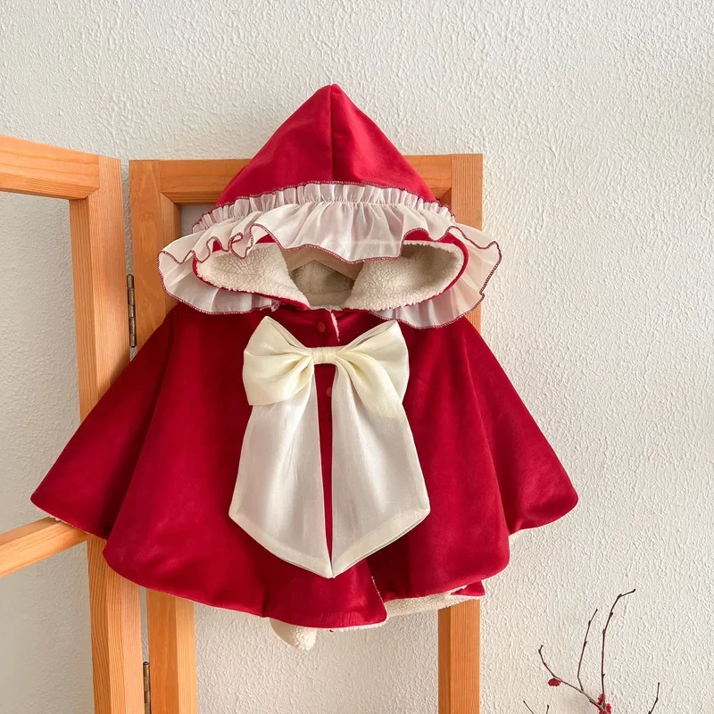 Baby Cape Girls Plush Hooded Lace Big Bow Cloak Winter Thickened Children Christmas Outerwear Baby Girl Lovely Coat