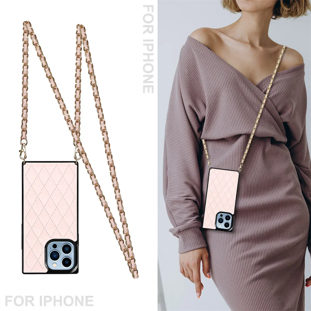 

For iPhone 13 12 11 Pro Max XR XS X 7 8 6 Small Fragrant Wind with Lanyard Crossbody Leather Case Phone Protective Case