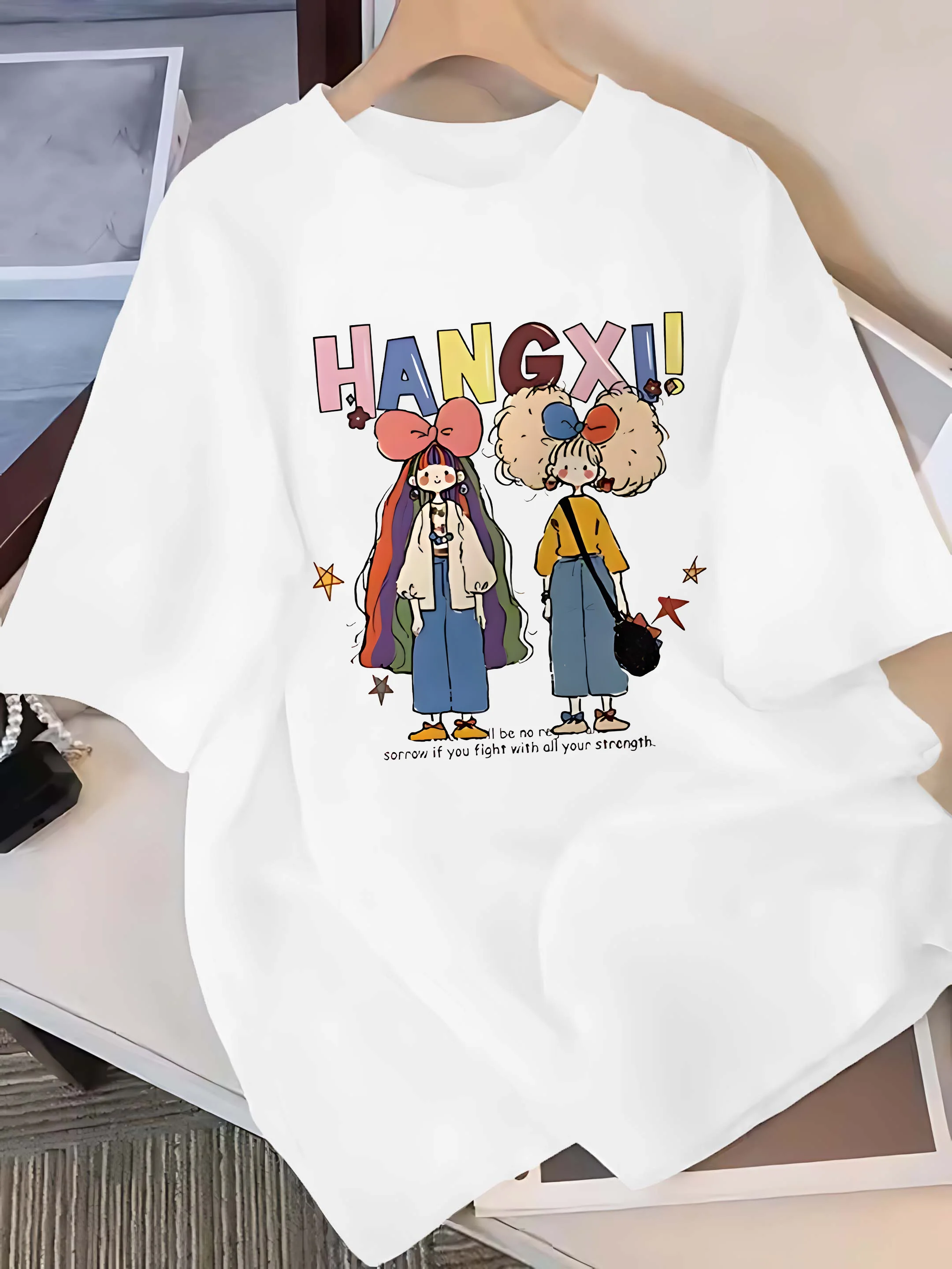 

Plus - Size Three Colors T - Shirt: “HANGXI” Cartoon & Inspirational Text Print