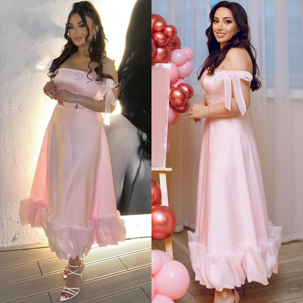 Robe de soirée trapèze décontractée en satin avec nœud plissé, robes mi-longues sur mesure, épaule dénudée, occasion sexy, Leon Day