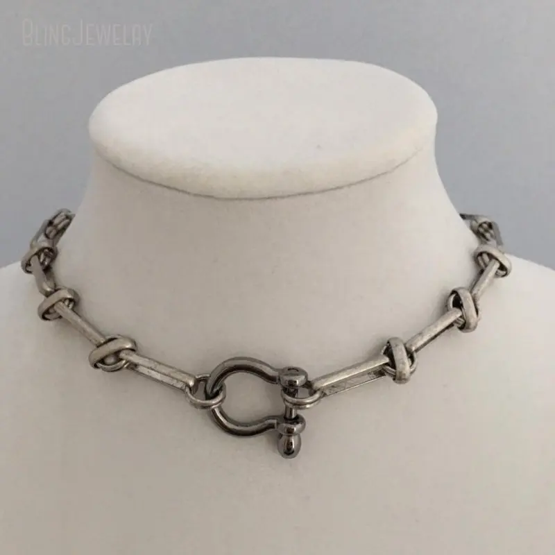 

Horseshoes Carabiner Shackle Choker Necklace Vintage Silver Plated Cable Chain European Design Jewelry Women