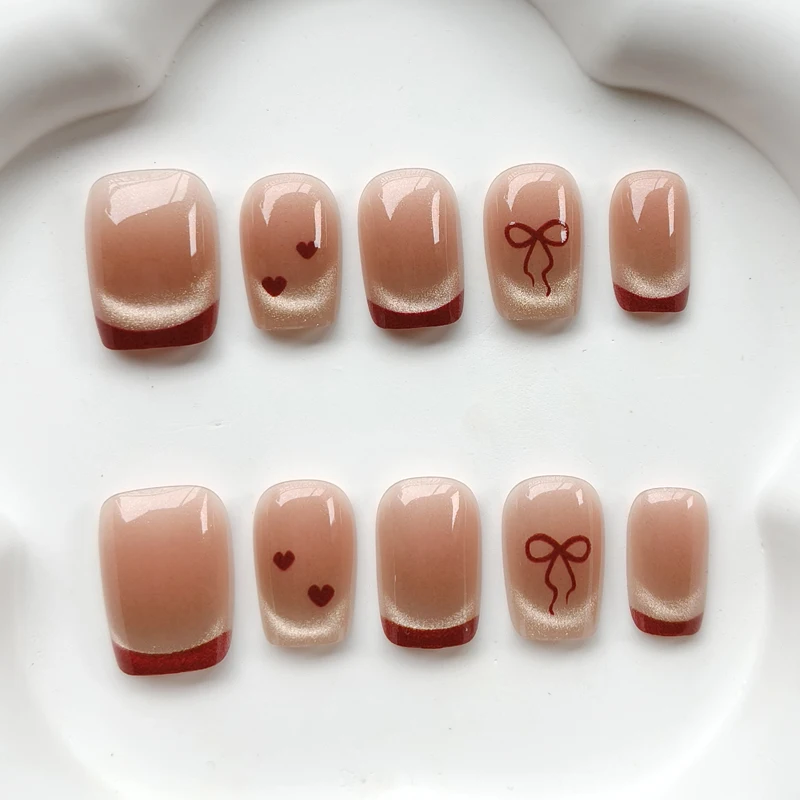 10Pcs French Style Cute Sweetheart Nail Art Wearable Nail Sticker Press on Nails Powder Blusher Cat-Eye Nail Patch Fake Nails