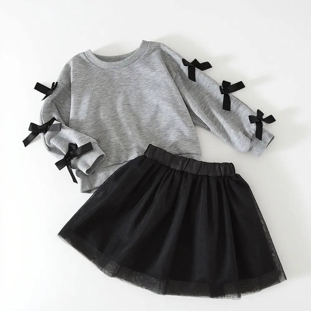 Autumn Birthday Party Bow Pullover+short Skirt New Long Sleeved Girls' Suit Two-piece Set Korean Version for Children Aged 3-7