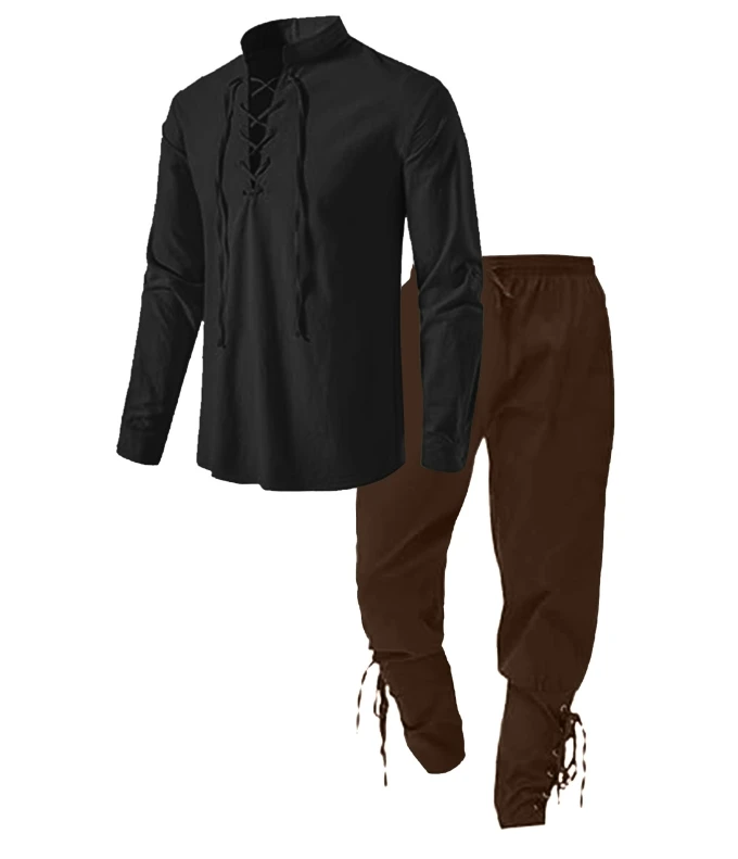 2 Stuks Retro Vintage Middeleeuwse Renaissance Cosplay Kostuum Outfits Piraat Viking Halloween Casual Dagelijks LARP Ren Faire Shirt Broek