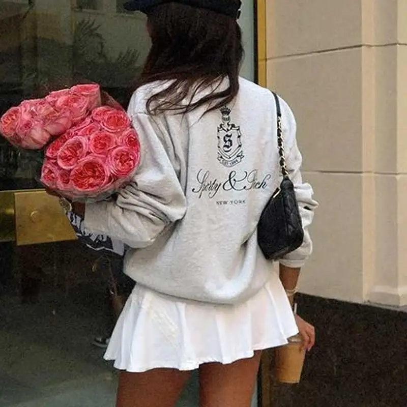 Women's Grey and Navy Sweatshirt Cotton Crew Neck Long Sleeve Relaxed Fit Autumn Winter Sweatshirt Female Winter Clothes Women
