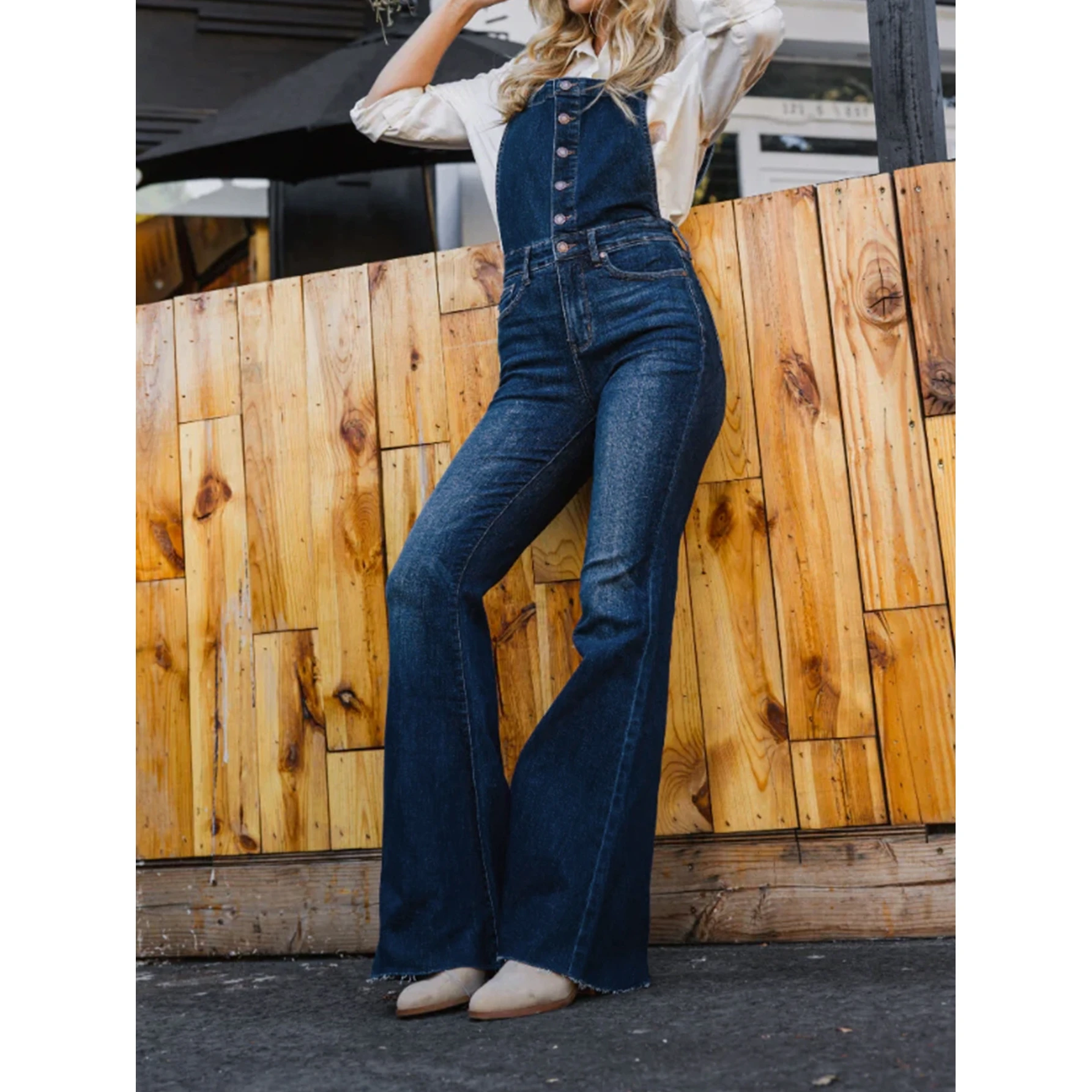 Faionable jeans elástico de cintura alta feminino sino bot com alças outono inverno nova chegada jeans elásticos