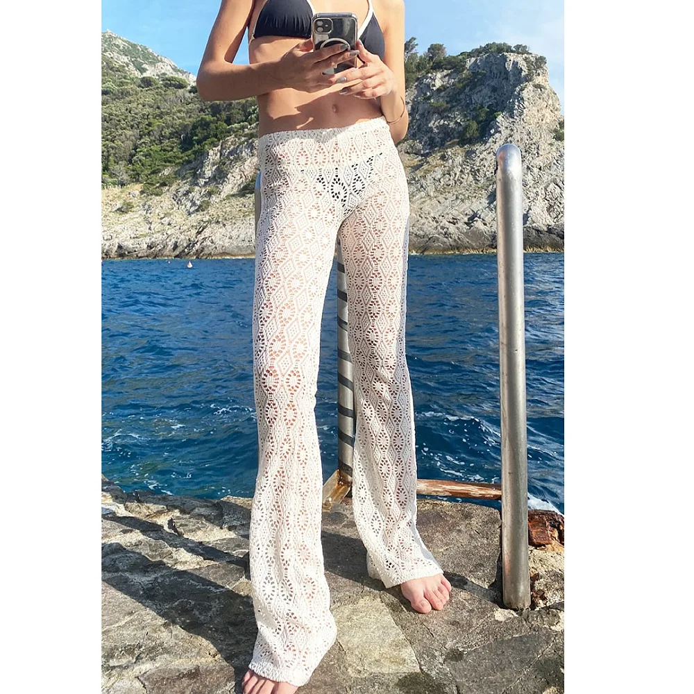 

BKLD 2024 Summer New Y2k Clothes Women Hollow Out Sexy Perspective Pants Vacation Outfits Knitted Casual Low Waist Trouers