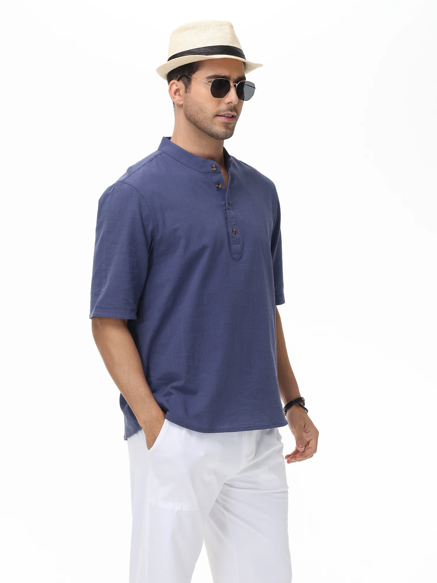Summer Men's Casual 100% Cotton Henley Shirts, Solid Color Short Sleeve Hawaii Beach Shirts Daily Button Down Breathable Tee