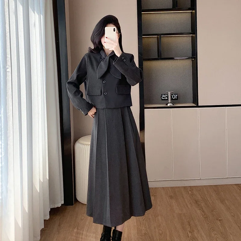 Mid-length Pleated Skirt Wool Padded Classic Style Skirt Set for Women Female Ladies Winter Bow-tie Thickened Coat and Skirt