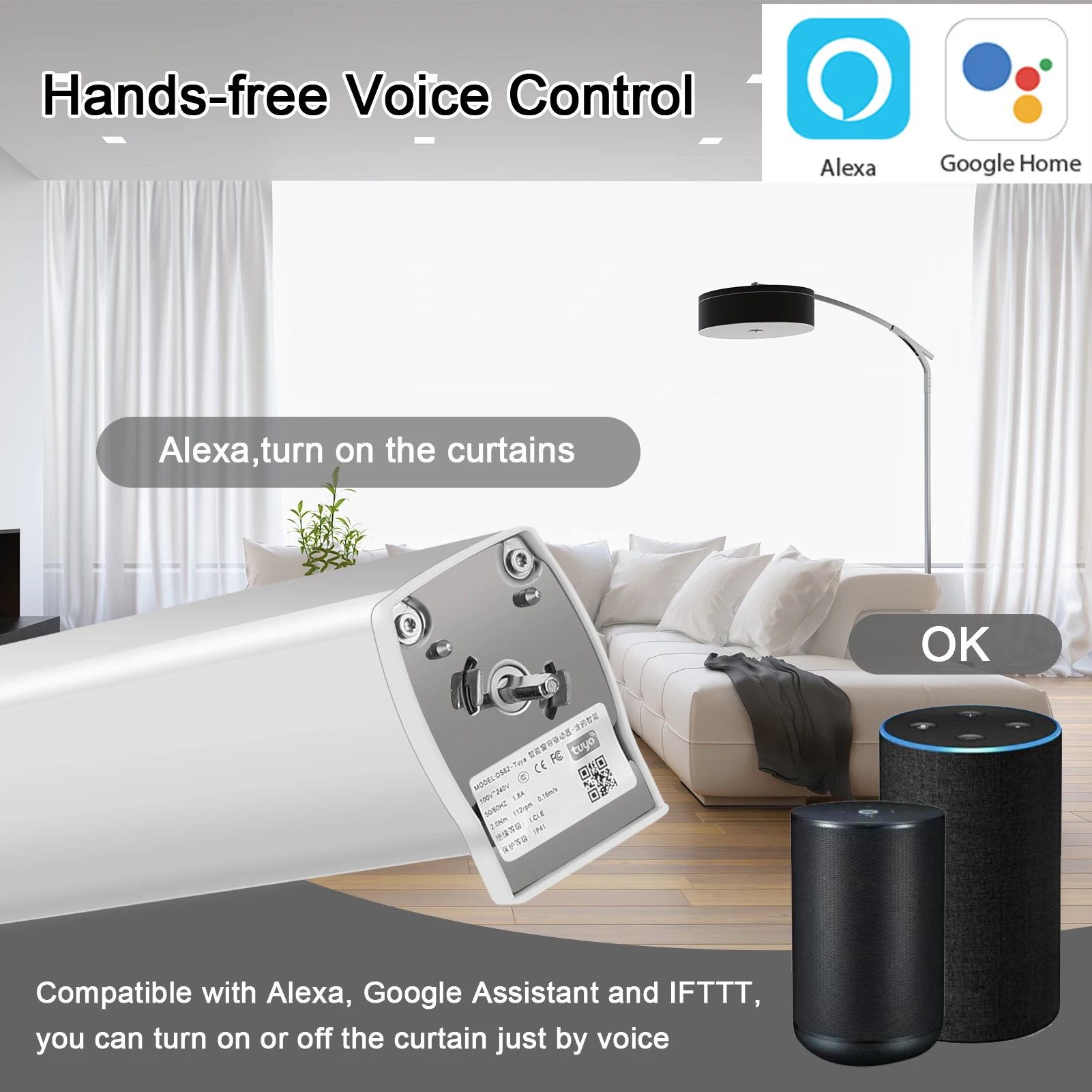 Tuya WiFi Smart Smart Curtain Motor, Quiet Electric Wireless Remote Control, Voice Control Tools, Alexa, Google Home