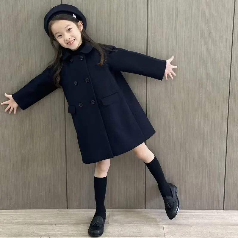 Girls Wool Coat New Autumn Winter British Style Double Breasted Mid Long Kids Premium Woolen Jacket 90-140CM