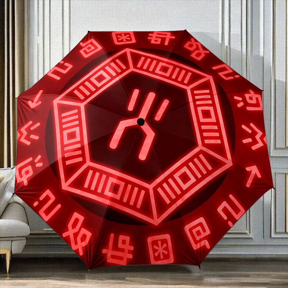 Red Neon Symbol Pattern Mysterious Geometric Design Umbrella portable waterproof sun rain umbrella for outdoor travel beach