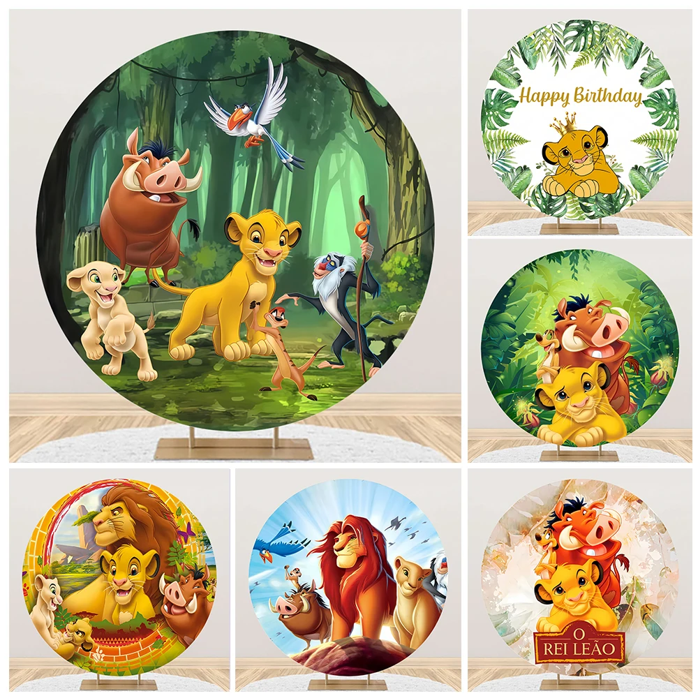 Housse de fond de scène ronde Le Roi Lion pour fête d'anniversaire de 1 an des enfants, baby shower, décor de fond de photographie circulaire Le Roi Lion Simba pour stand photo