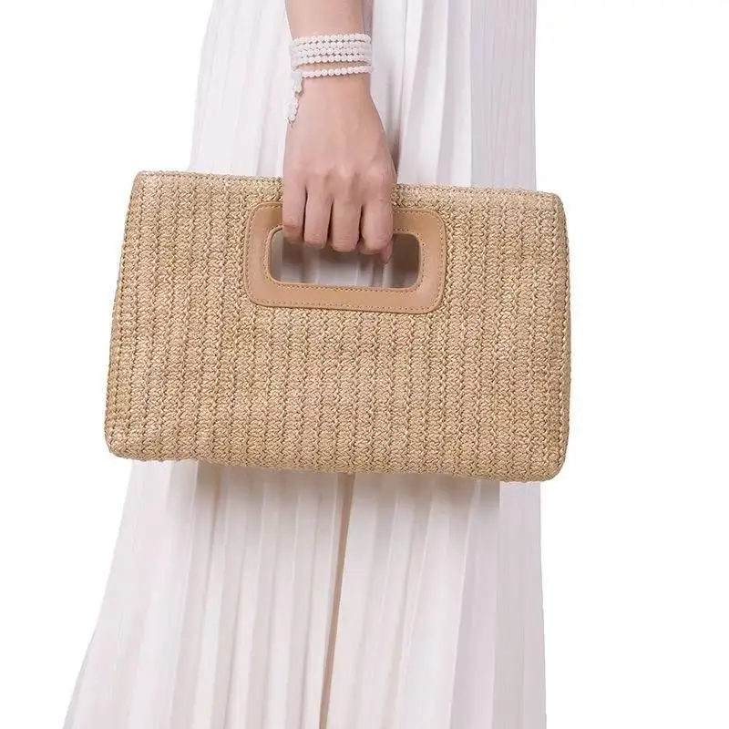 Bolso de mano tejido de paja para mujer, bolso informal de rafia de ganchillo para playa y ratán, bolso de noche para fiesta y boda, bolso tejido de lujo para verano