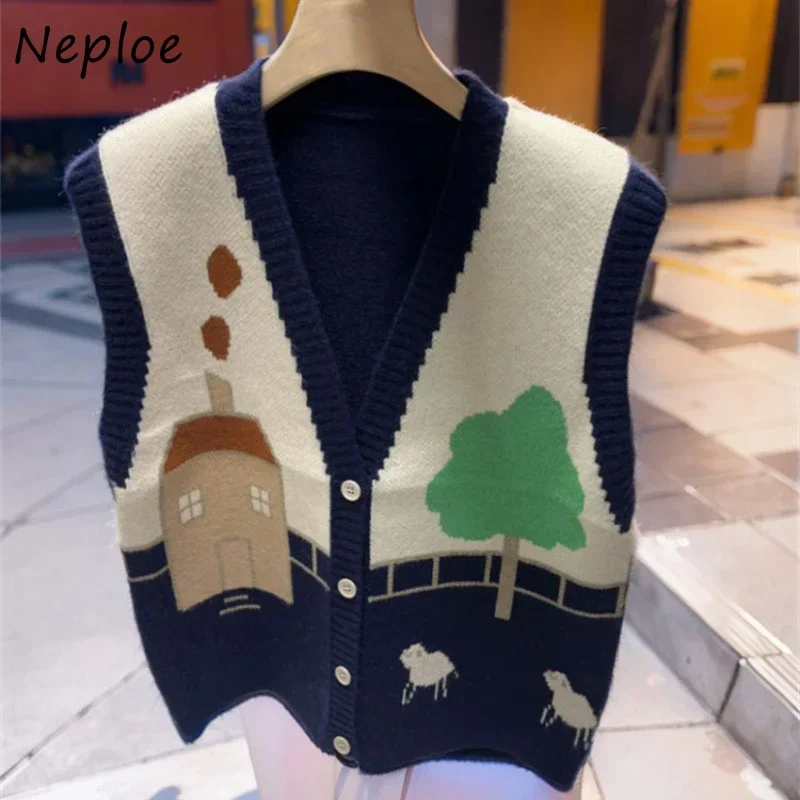 Neploe 2024 Autumn Winter New Sweater Vest V-neck Single Breasted Cardigan Mujer Y2k Sleeveless Loose Knitted Tops Women