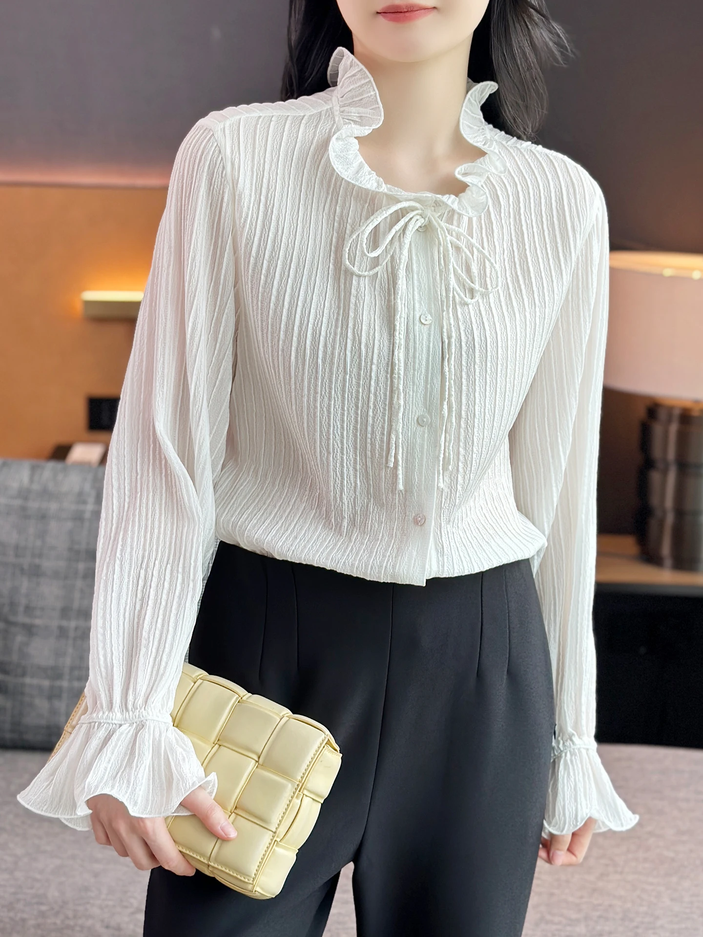 

Белая шелковая рубашка Ele с воротником-бантом из дерева и узором, прямого кроя, с длинными рукавами, женская, для делового и повседневного стиля, ZuoZuoJia