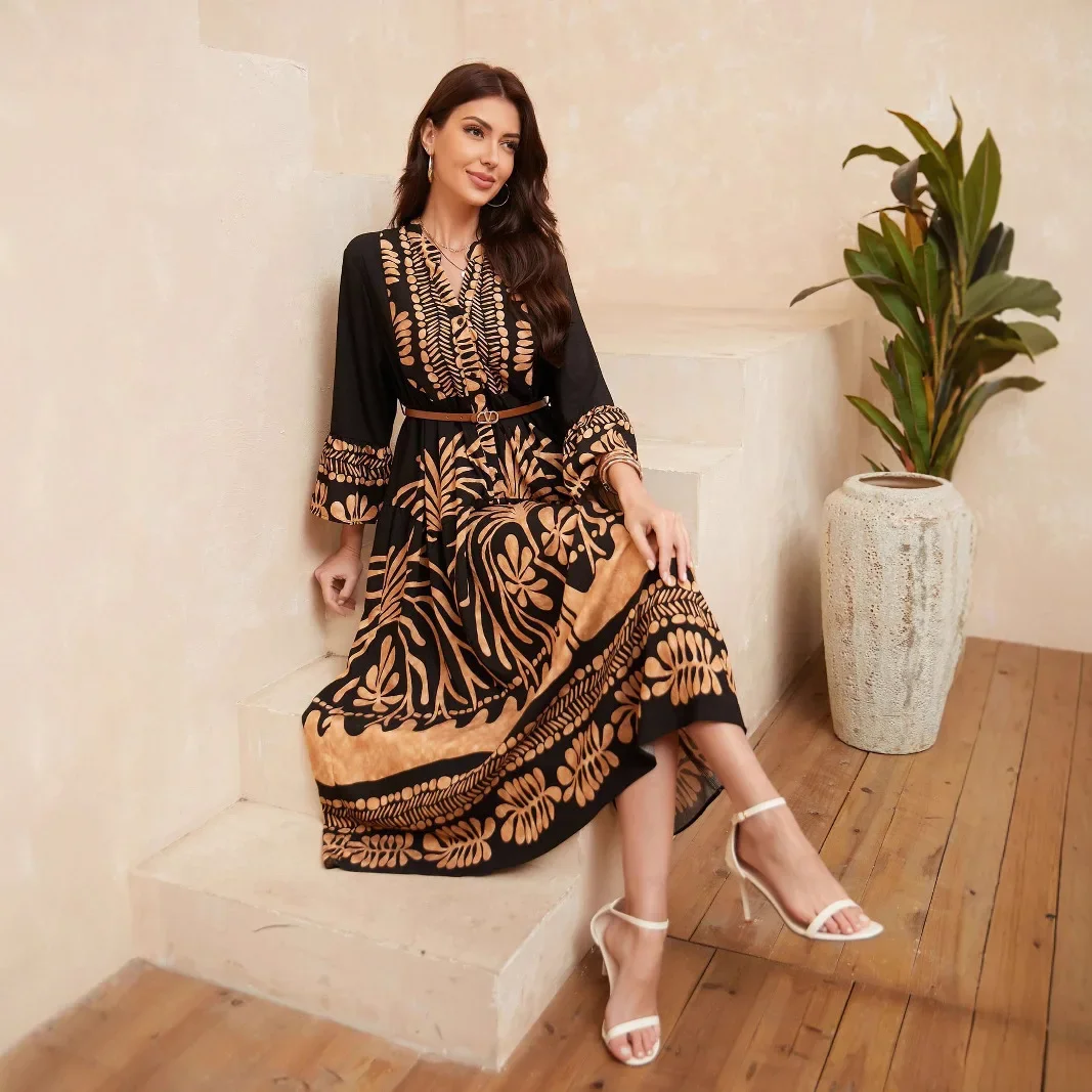 

Женское платье для Ид, абайя на Рамадан, с принтом, из хлопка и льна, для вечеринок, длинное, мусульманское, 2026, джалабия, марокканский кафтан, исламское арабское длинное платье