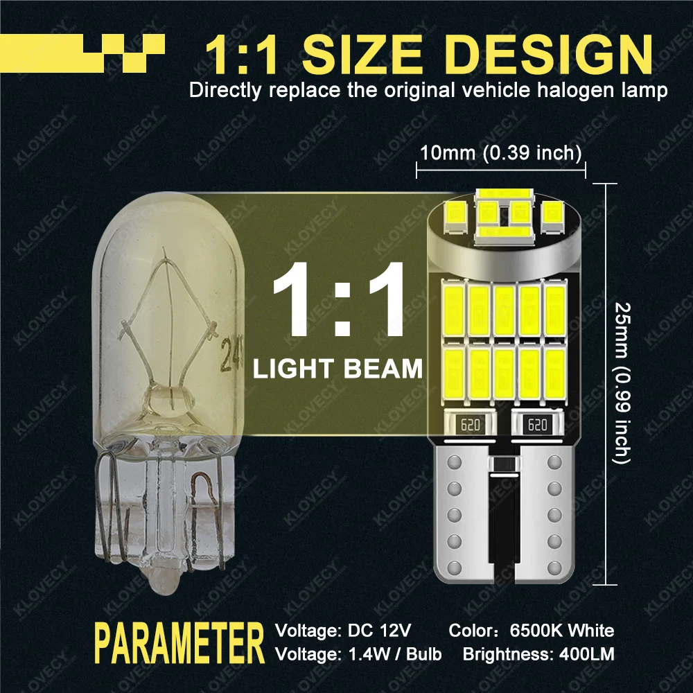 10-40PCS T10 W5W LED Bulb CANBUS No Error 12V 4014-26SMD 400LM 6500K Super Bright White Car Interior Dome Door Maps Trunk Lights