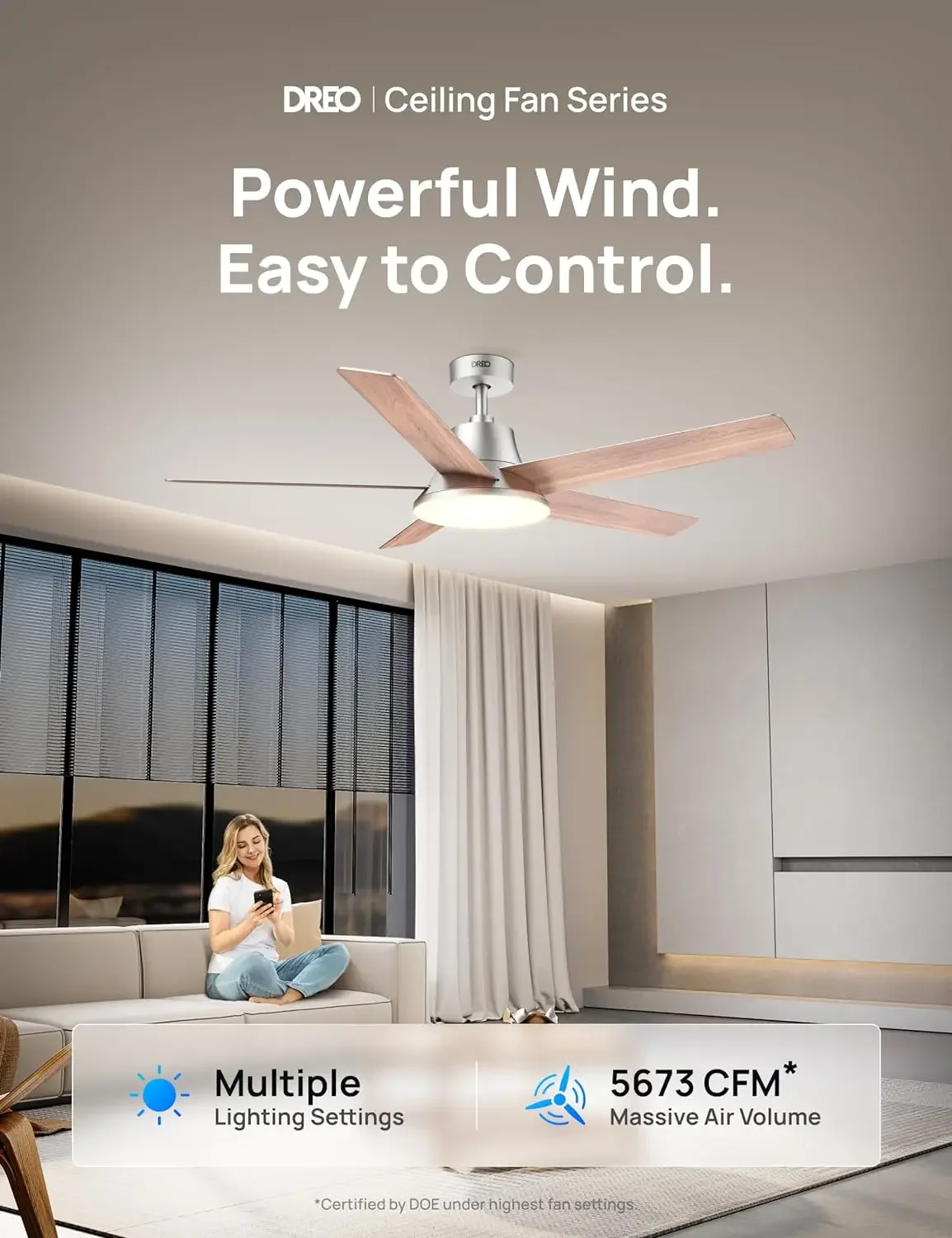 Ceiling fan with light and remote control, 52 inches, 6 speeds, 5-color dimmable LED, silent reversible DC motor, 8-hour timer