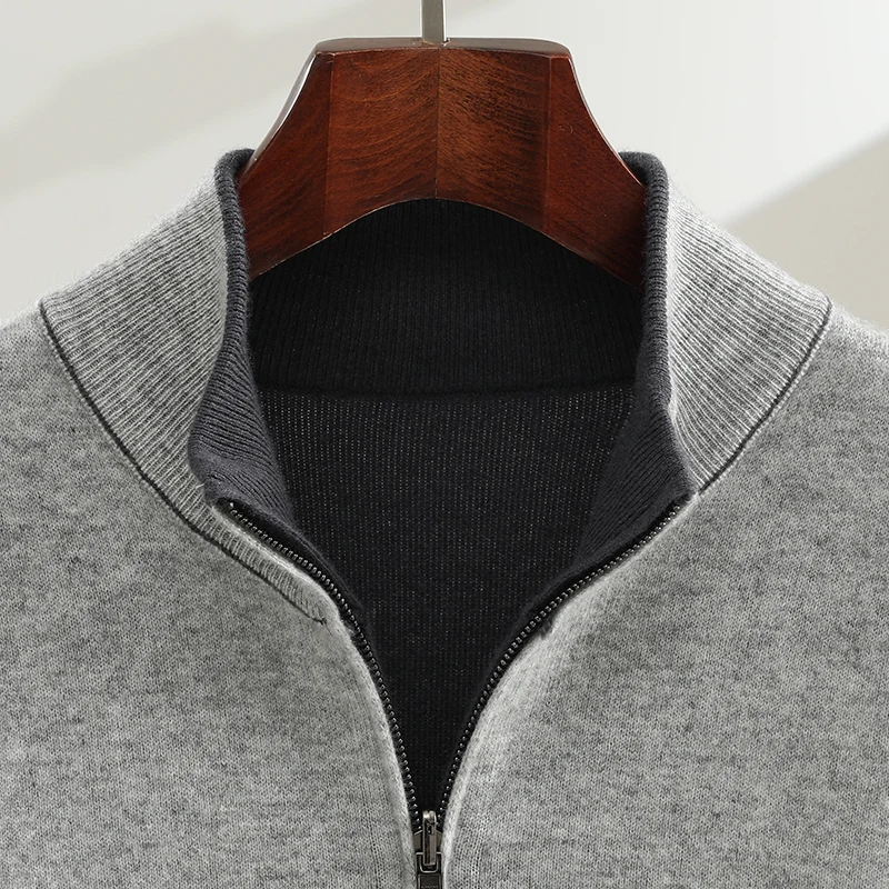 เสื้อคาร์ดิแกนแคชเมียร์สองสีแบบคลาสสิกสำหรับผู้ชาย ฤดูหนาว แขนยาว ถักแบบมีซิป คอตั้ง เสื้อสเวตเตอร์คุณภาพสูง