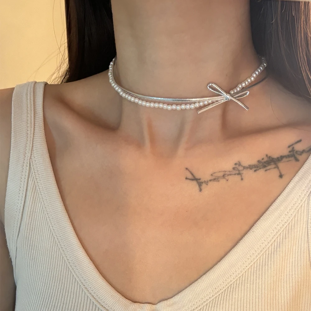 1pc New Design Double Layer Pearl Bow Detail & Bowknot Necklace, Unique And Stylish Collarbone Chain