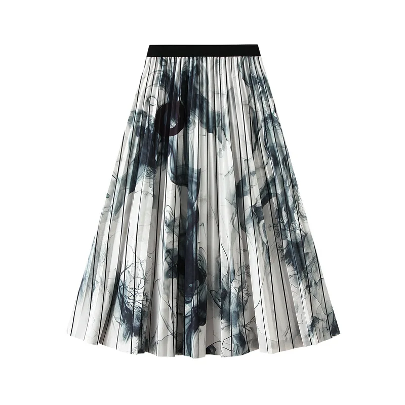 

Summer Women's Ink Printed Half With Mid Length Vintage Chinese Style High Waisted A-Line Pleated Skirt